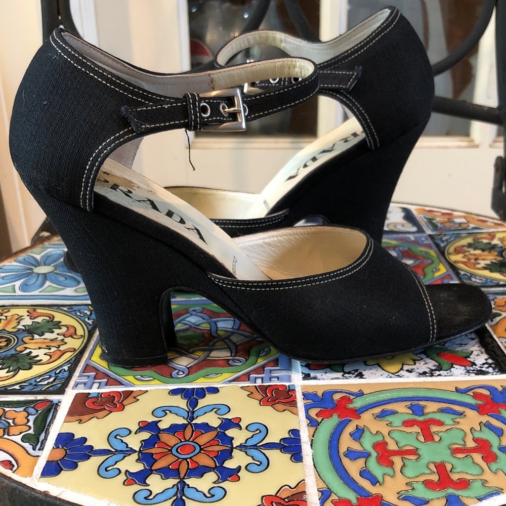 Prada size 37, black cloth heeled sandals